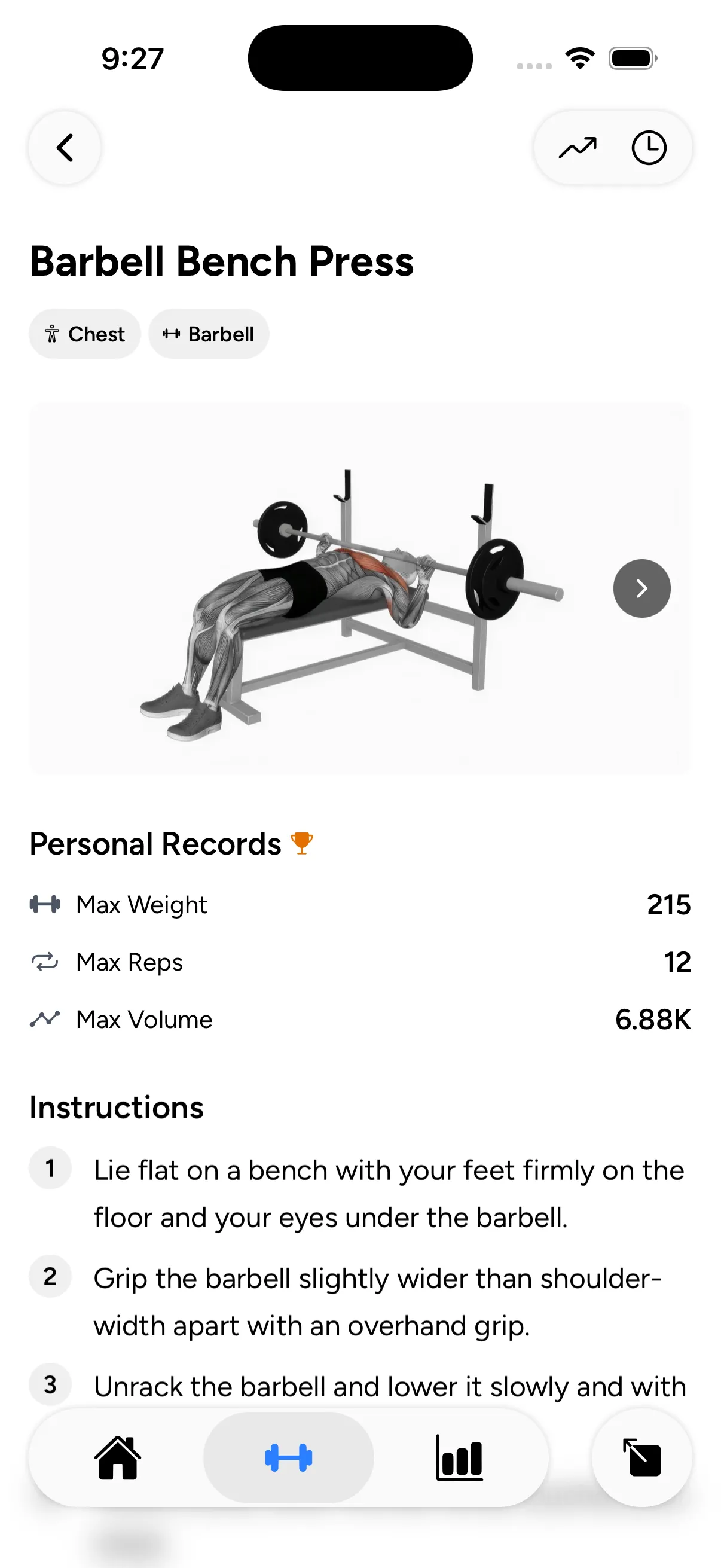 Exercise detail with personal records and instructions