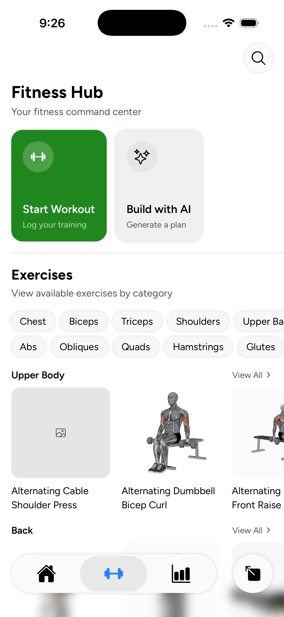 Fitness hub with exercises and workout options