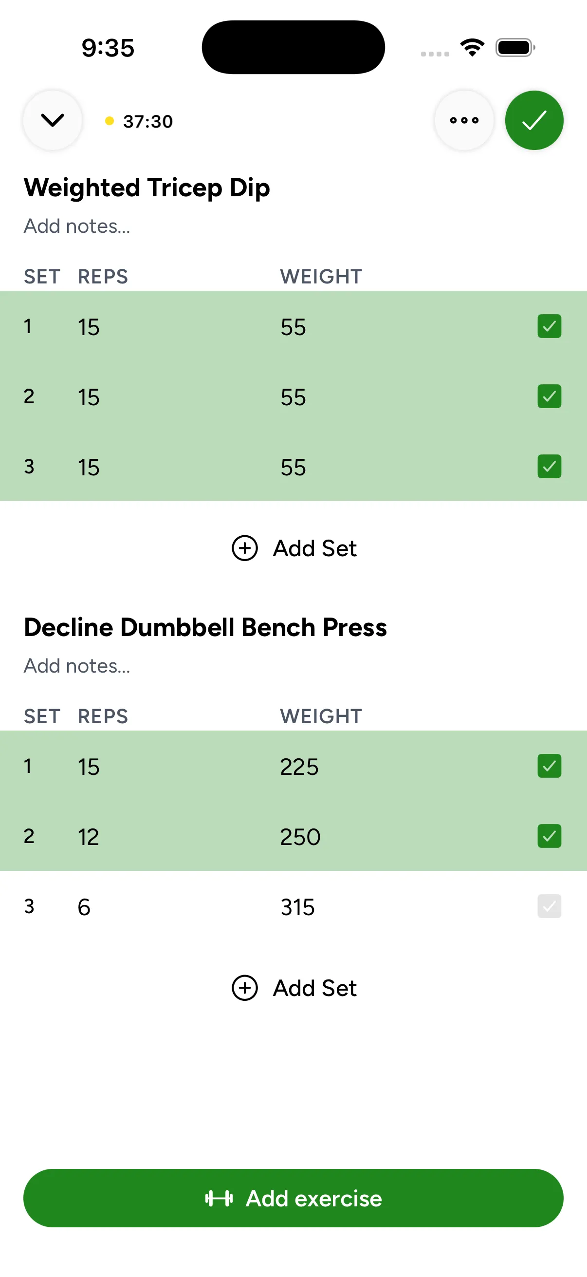 Logging sets, reps, and weight during a workout