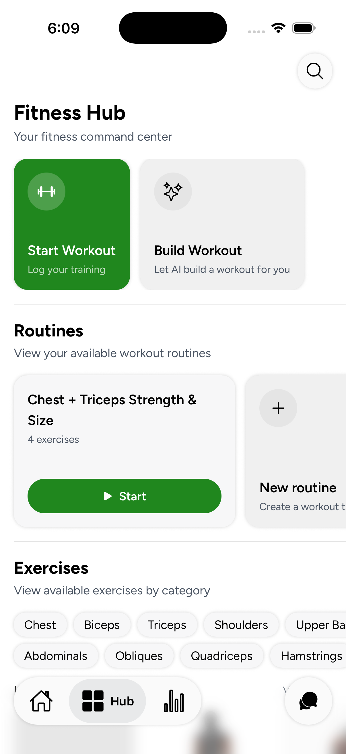 Fitness hub with exercises and workout options