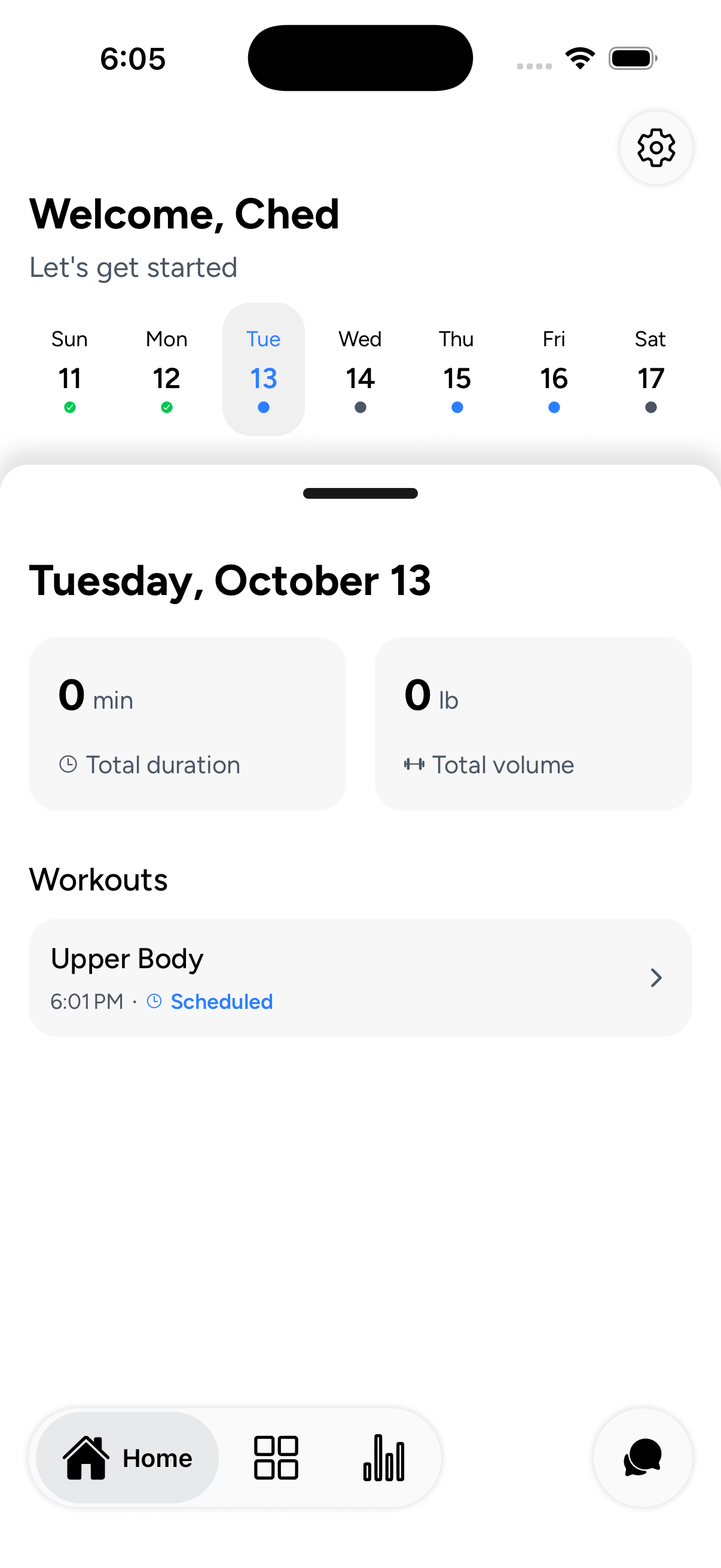 Weekly schedule with daily workout status