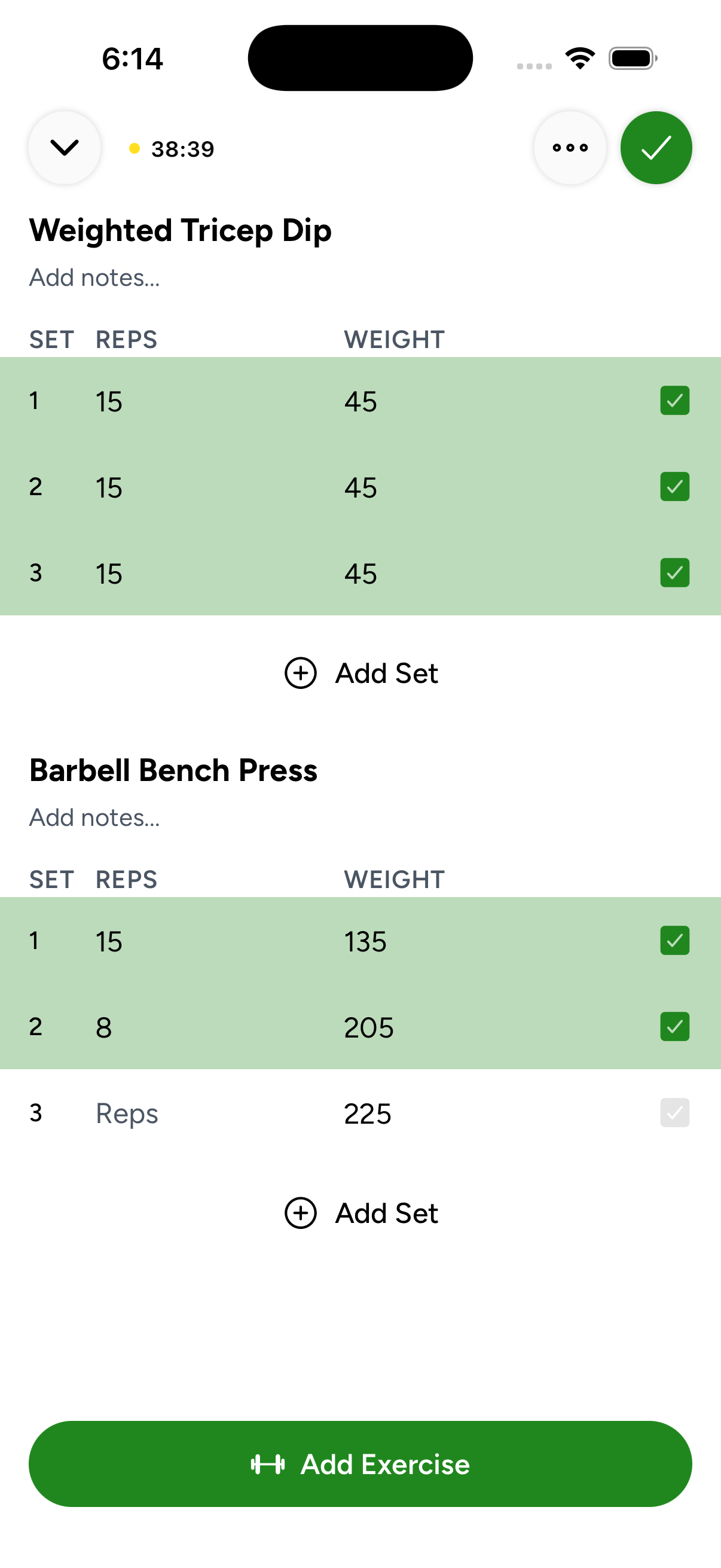 Logging sets, reps, and weight during a workout